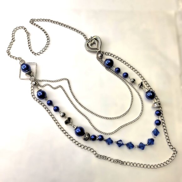 Multistrand Blue Silver Long Necklace - Picture 2 of 9